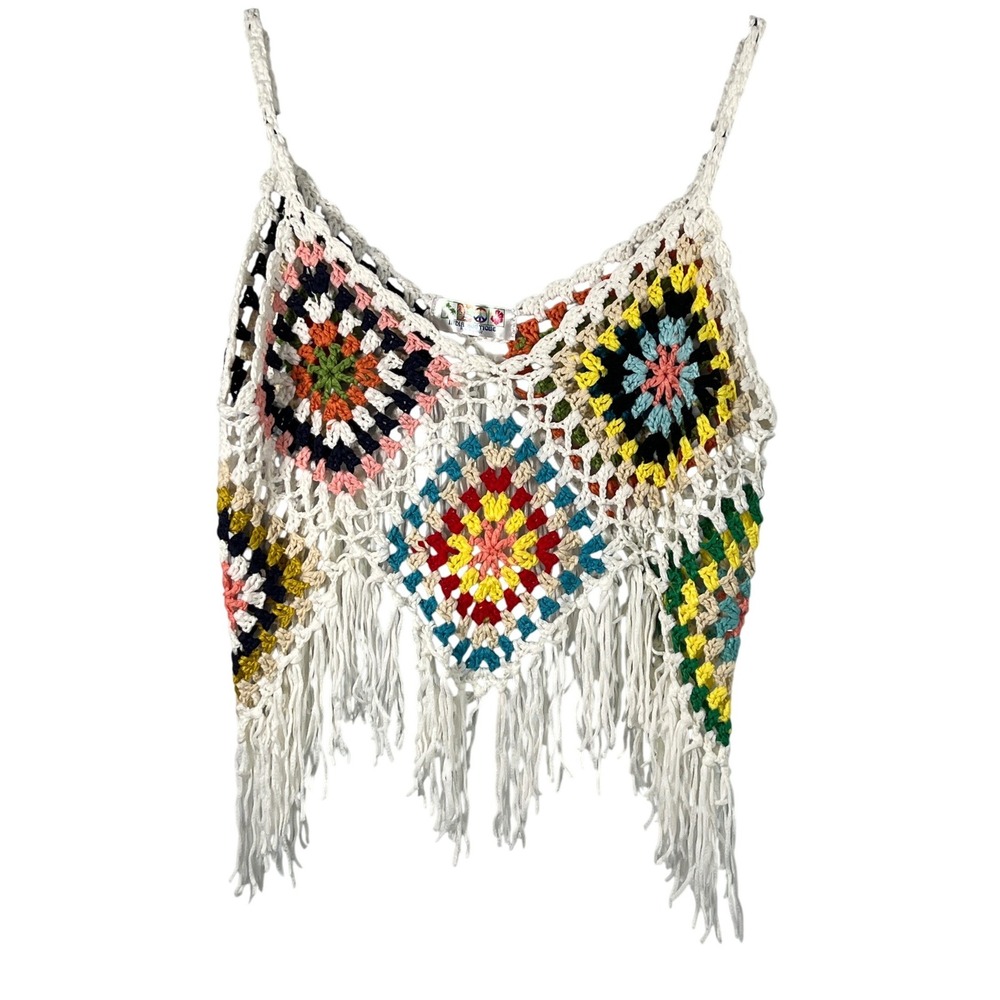 India Boutique Women's Colorful White Cropped Crochet Tank Top Boho Hippie Beach